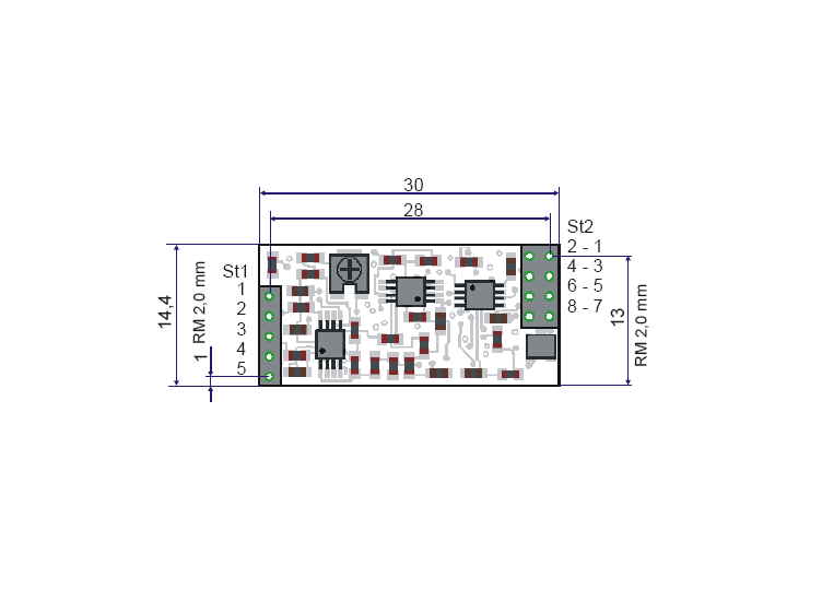 Measuring amplifier as PCB for sensors with straingages. Limiting frequency 1220Hz, input sensitivity 2.0 mV/V.
