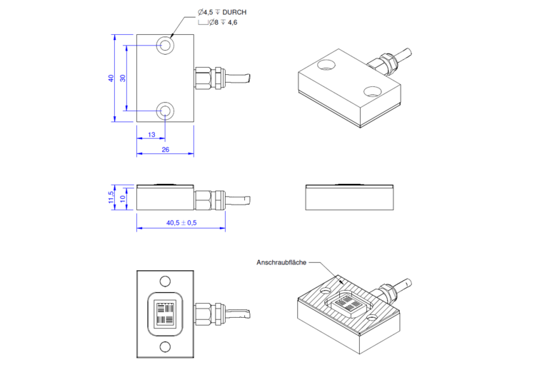 Dehnungaufnehmer, 350 Ohm, 26 mm x 40 mm x 10 mm, 5m Anschlusskabel,  DMS-Typ FAE4-10S