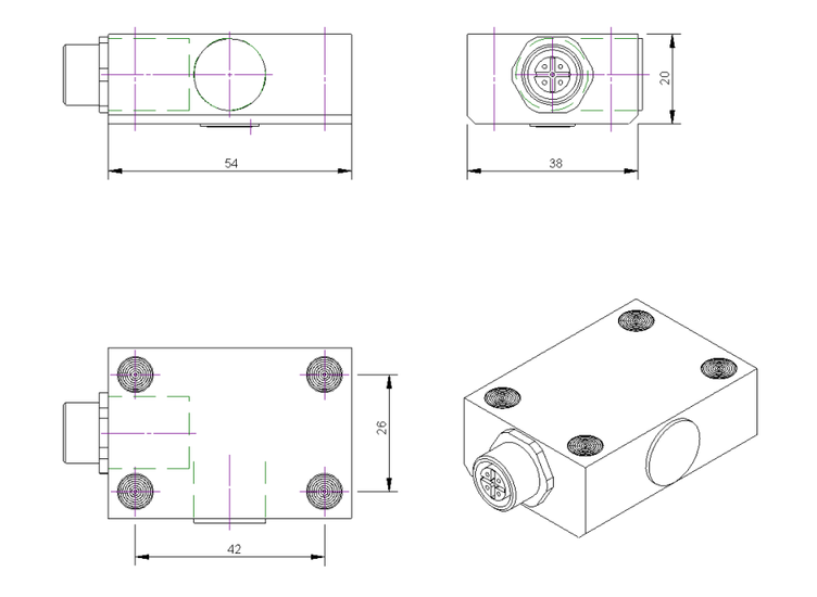Dehnungaufnehmer, 350 Ohm, 38 mm x 54 mm x 20 mm, M12 Flanschdose, einfache Montage durch Kleben