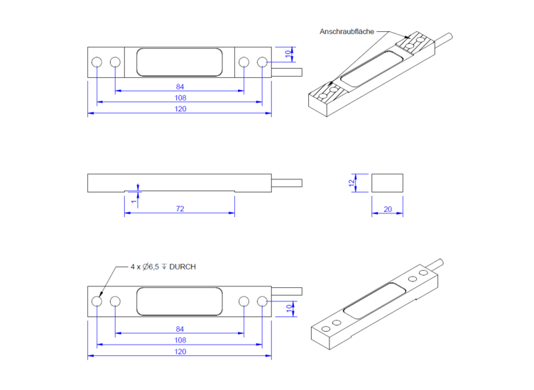 Strain sensor 120mm x 20mm x 11mm, integrated Electronic GSV-15L, 0-10V output signal, 5m cable
