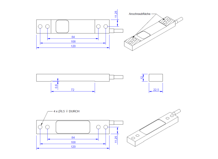 Dehnungsaufnehmer 120mm x 22,5mm x 12mm,mit integrierter Elektronik GSV-6L, 0-10V / 4...20mA Ausgangssignal, 5m Anschlusskabel