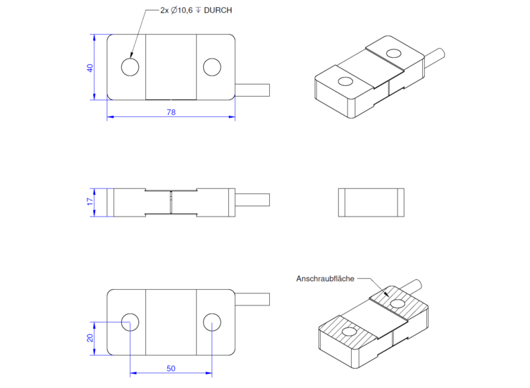 Dehnungsaufnehmer, 78mm x 40mm x 15mm, 5m Anschlusskabel