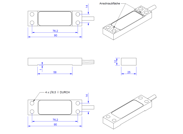 Strain sensor 90mm x 25mm x 11mm, integrated Electronic GSV-15L, 0-10V output signal, 5m cable